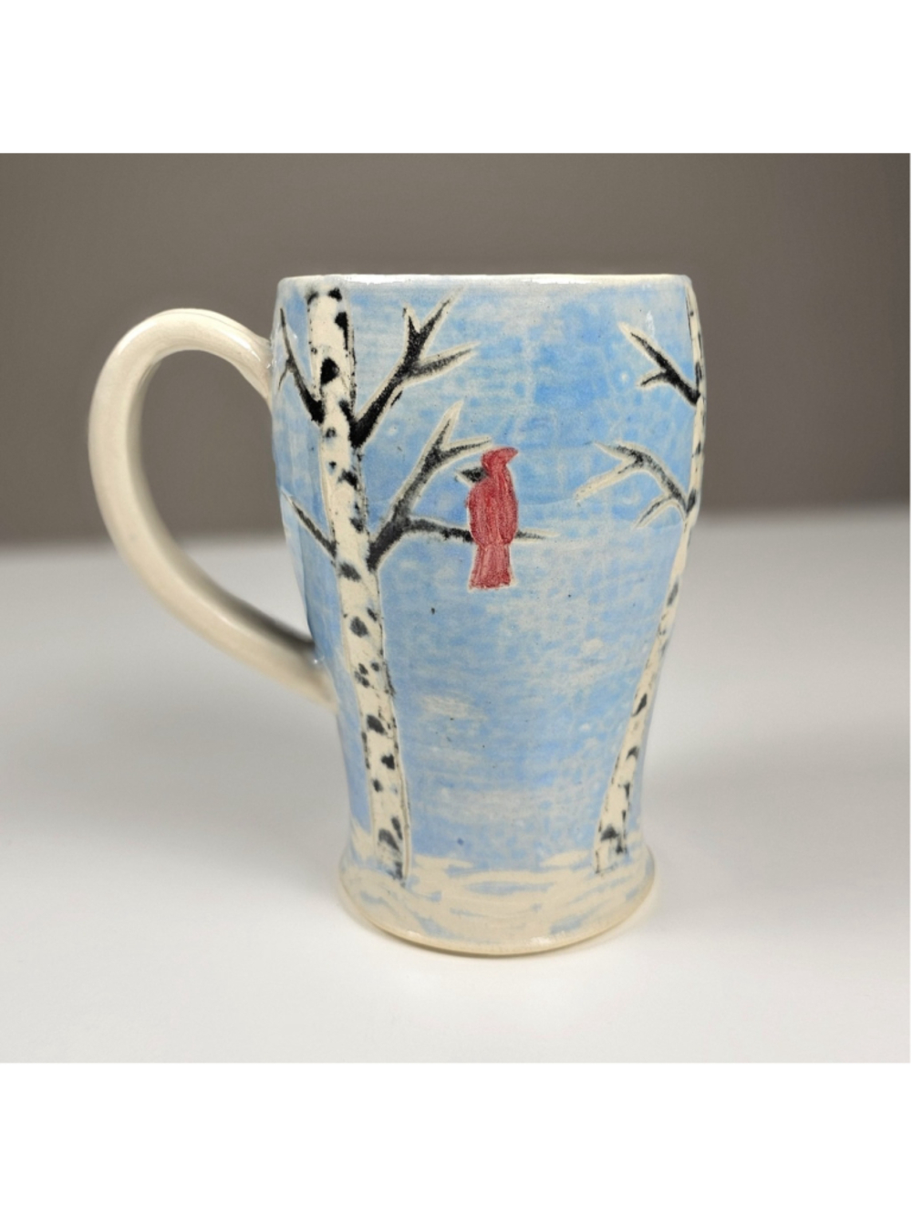 Mindy Sisk Handmade Pottery Mug Birch Trees Red Cardinal Winter Ceramic Cup 5" - Picture 4 of 9